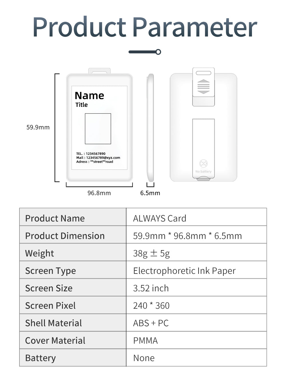 Always E-badges 3.52’’ & 2.13’’, NFC function of mobile phone to update information, no battery Always E-badges