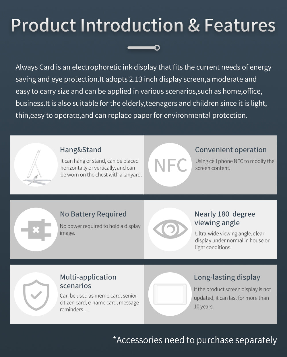 Always E-badges 3.52’’ & 2.13’’, NFC function of mobile phone to update information, no battery Always E-badges