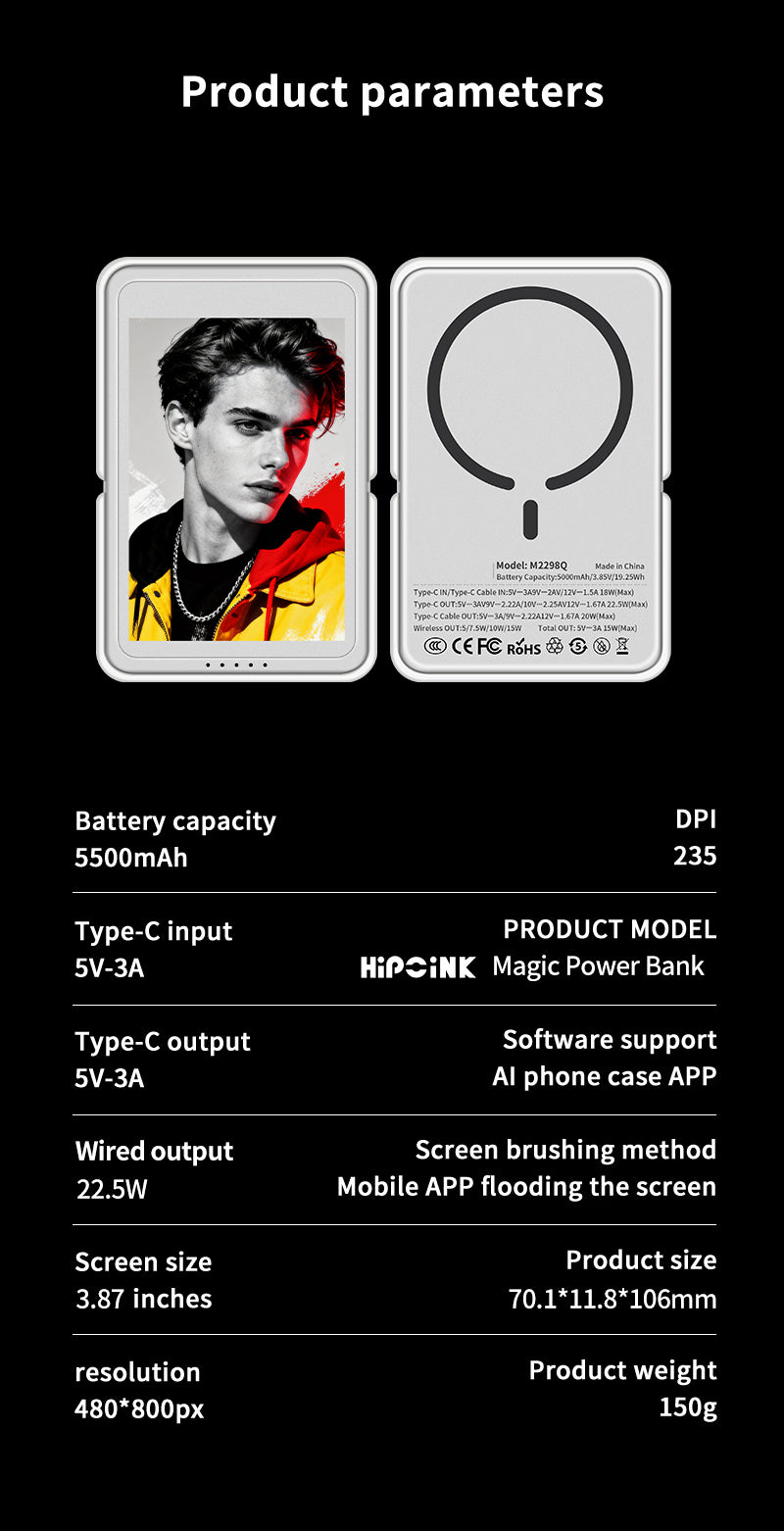 Hipoink Mobile Phone Small NFC E-Ink Power Bank Fast Charging Magnetic Wireless Power Bank With DIY E Ink Screen